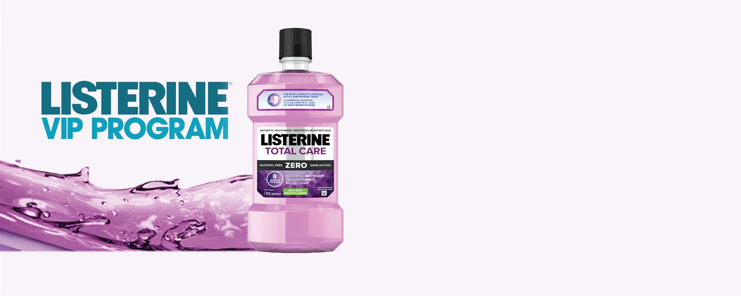 Listerine purple bottle mouthwash with VIP program text beside it