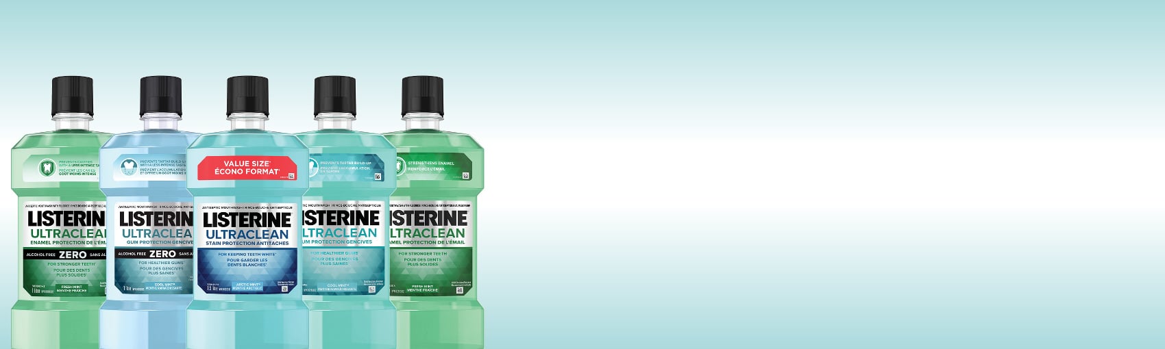 A banner with two Listerine Ultraclean zero  and three Ultraclean mouthwash products for stain, gum, and enamel protection