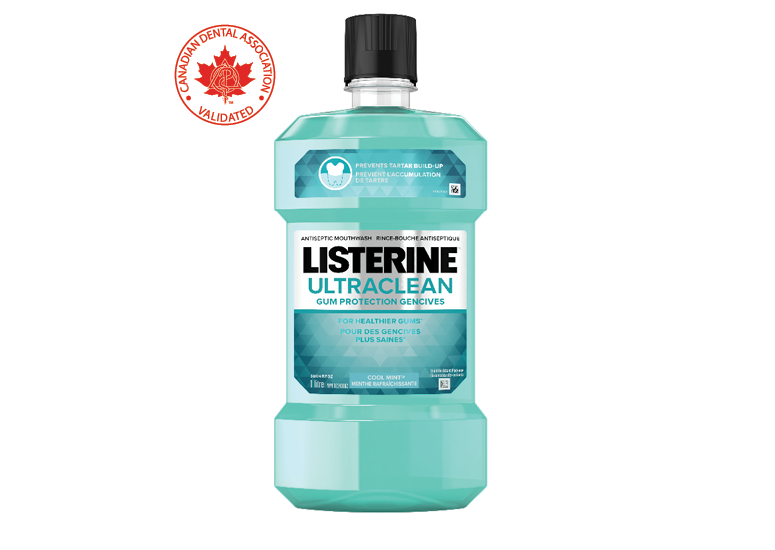 A bottle of LISTERINE Ultraclean® Gum Protection Mouthwash, 1L with a logo of the Canadian Dental Association approval in the background.