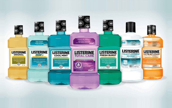 Display of several lines of Listerine mouthwash bottles