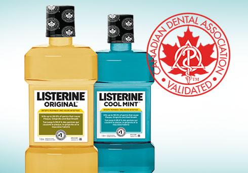 Two Listerine mouthwash bottles with dental association logo